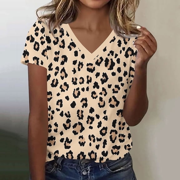 Ayolanni Leopard Print Womens Blouses Casual V-Neck Going Out Short Sleeve Blouse Tunic Plus Size Shirts Spring Tops for Women Yellow L