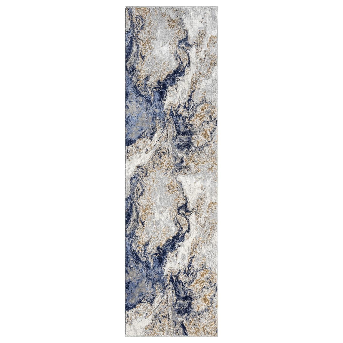 Luxe Weavers Marble Swirl Collection Blue Abstract 2x7 Runner Rug Gold