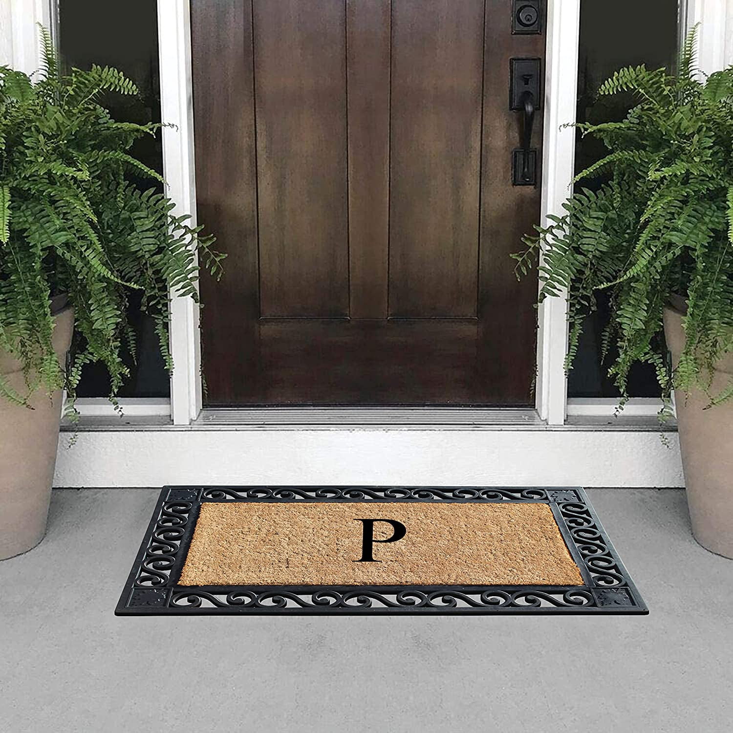 A1HC Natural Coir and Rubber Paisley border Monogrammed Doormat, Anti-Shed Treated Durable for Outdoor Entrance , 23"X38", Black