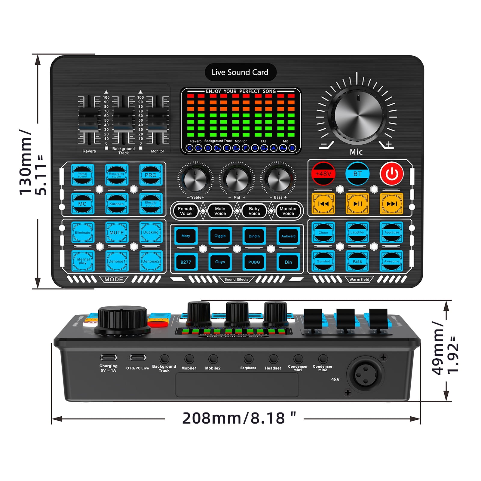 Live Sound Card Interface with DJ Mixer Effects and Voice Changer Bluetooth Stereo