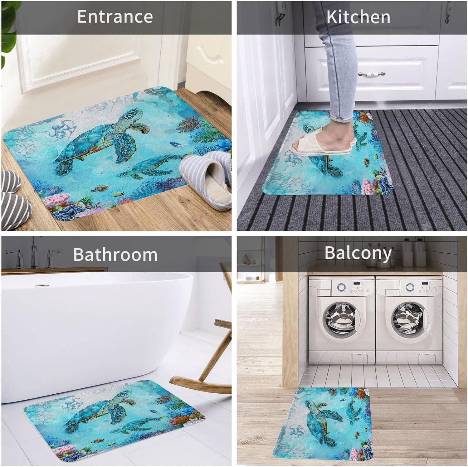 Sea Turtle Bathroom Rugs, Blue Ocean Underwater Turtle Octopus Fish Coral Beach Bath Mat, Marine Life Aquatic Plant Coastal Nautical Outdoor Rug, Soft Non Slip Floor Rugs for Living Room, 17x29