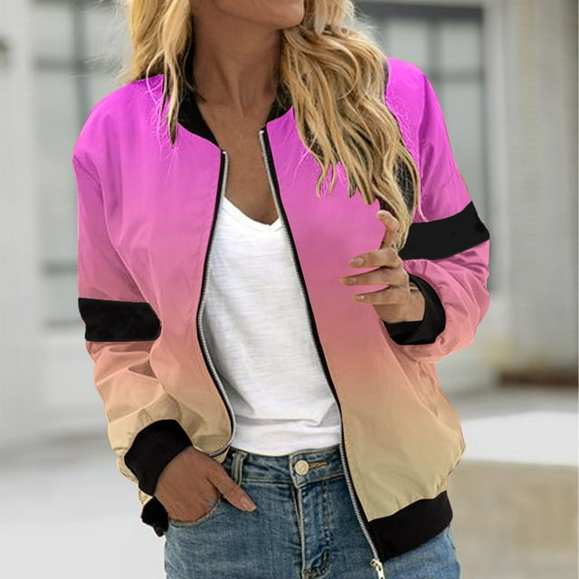 Qetyuw Veste Bomber Dégradée pour Femmes à Manches Longues, Fermeture Éclair, Veste Légère Décontractée