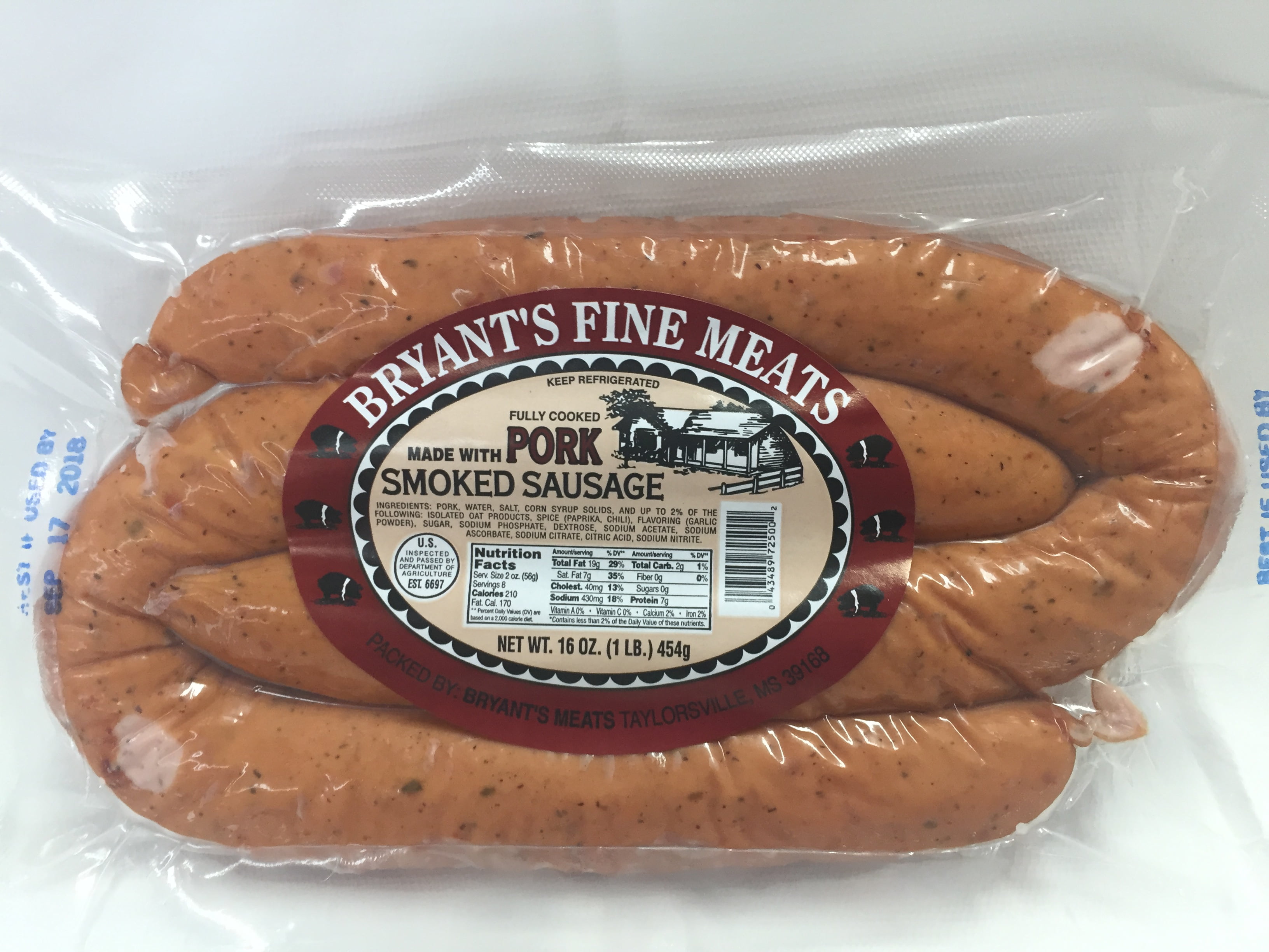 Bryant's Fine Meats Pork Smoked Sausage, 16 Oz.