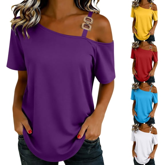 TAGOLD Womens Short Sleeve Skew Collar Blouses & Shirts Solid Color Off Shoulder Short Sleeve Top