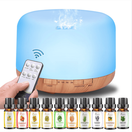 500ML Essential Oil Diffuser - 10 Oils Included, 7-Color LED for Home Office（Shallow wood grain background）