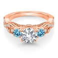 thumbnail image 2 of Gem Stone King 18K Rose Gold Plated Silver White Created Sapphire Swiss Blue Topaz and White Moissanite Engagement Ring for Women (1.57 Cttw, Gemstone September Birthstone, Round 6MM and 3MM, Size 6), 2 of 4