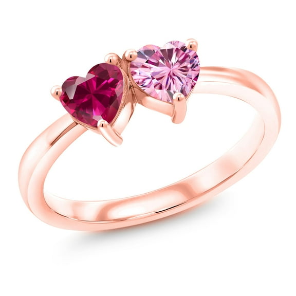 Gem Stone King 18K Rose Gold Plated Silver Fashion Right-Hand Ring Heart Shape Red Created Ruby and Vivid Pink Moissanite (1.10 Cttw, Size 7)