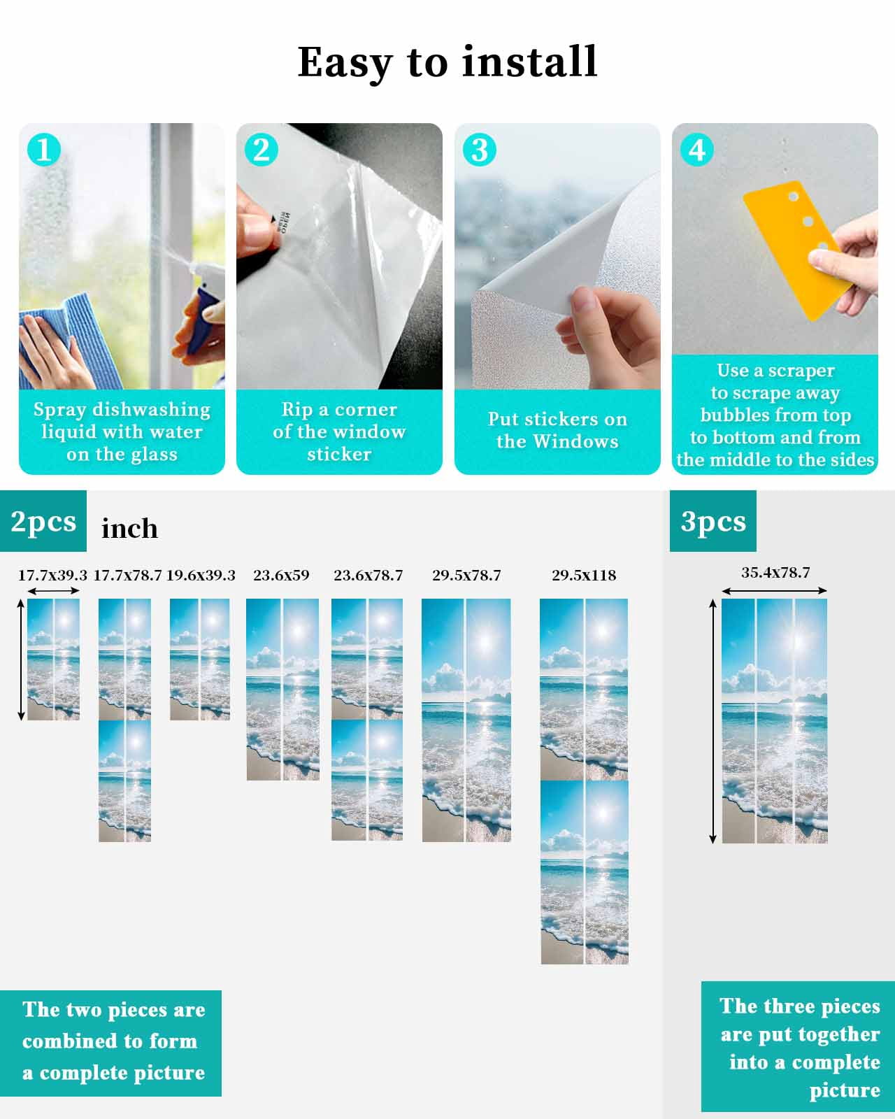 Window Privacy Film Coastal Beach Stained Glass Window Film Decorative Sun Block Window Cover Blue Ocean Sunrise Waves Sand Shore Window Clings Static Adhesive Sticker for Bathroom 19.6"x39.3"