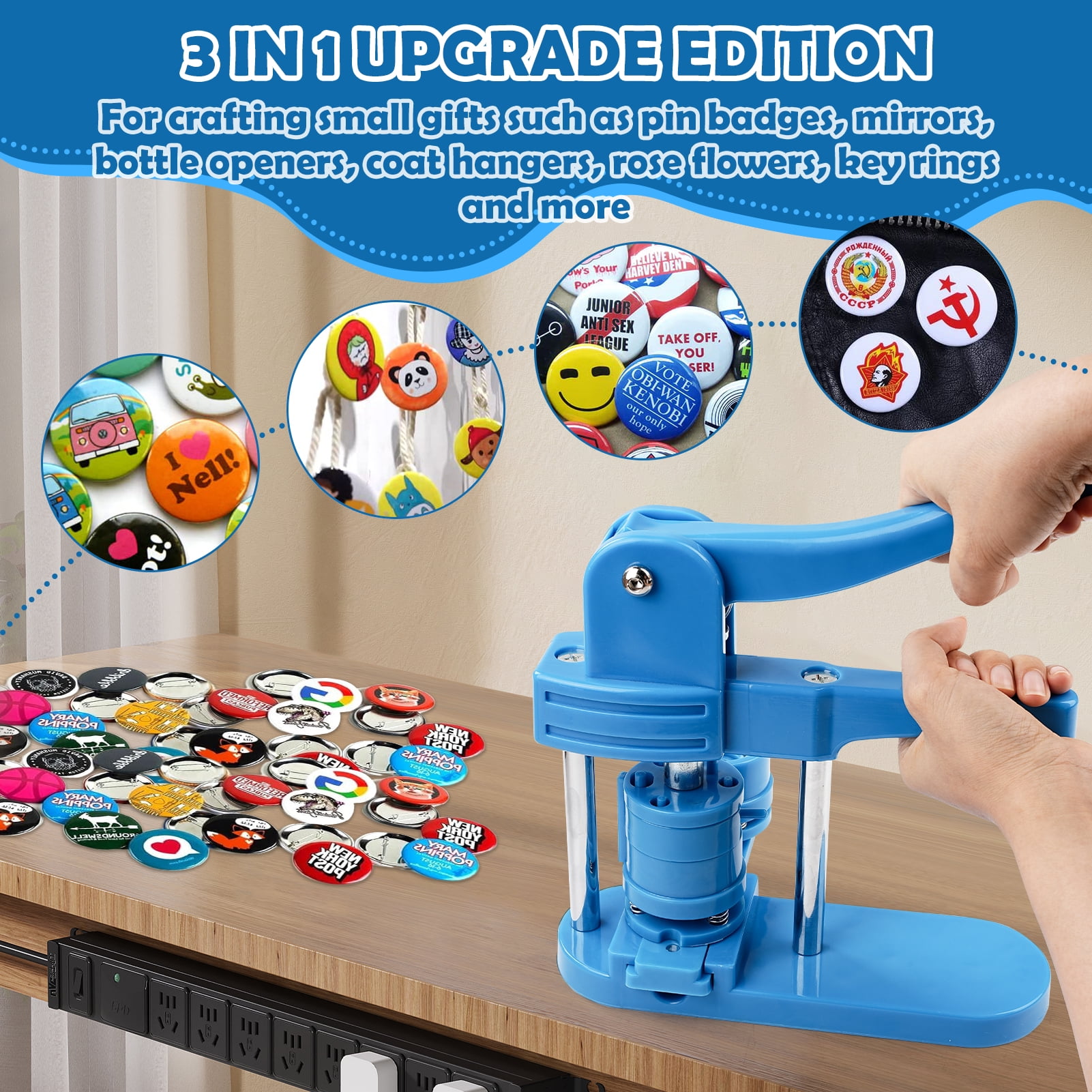 3 in 1 DIY Pin Button Maker Machine 25/32/58mm Badge Press Machine w/300pcs Parts+Cutting Mat，Blue