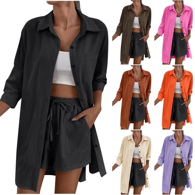 FAIWAD Womens Plus Size Shirts Long Sleeve Button Down Casual Blouse Solid Color Dressy Basic Work Tops