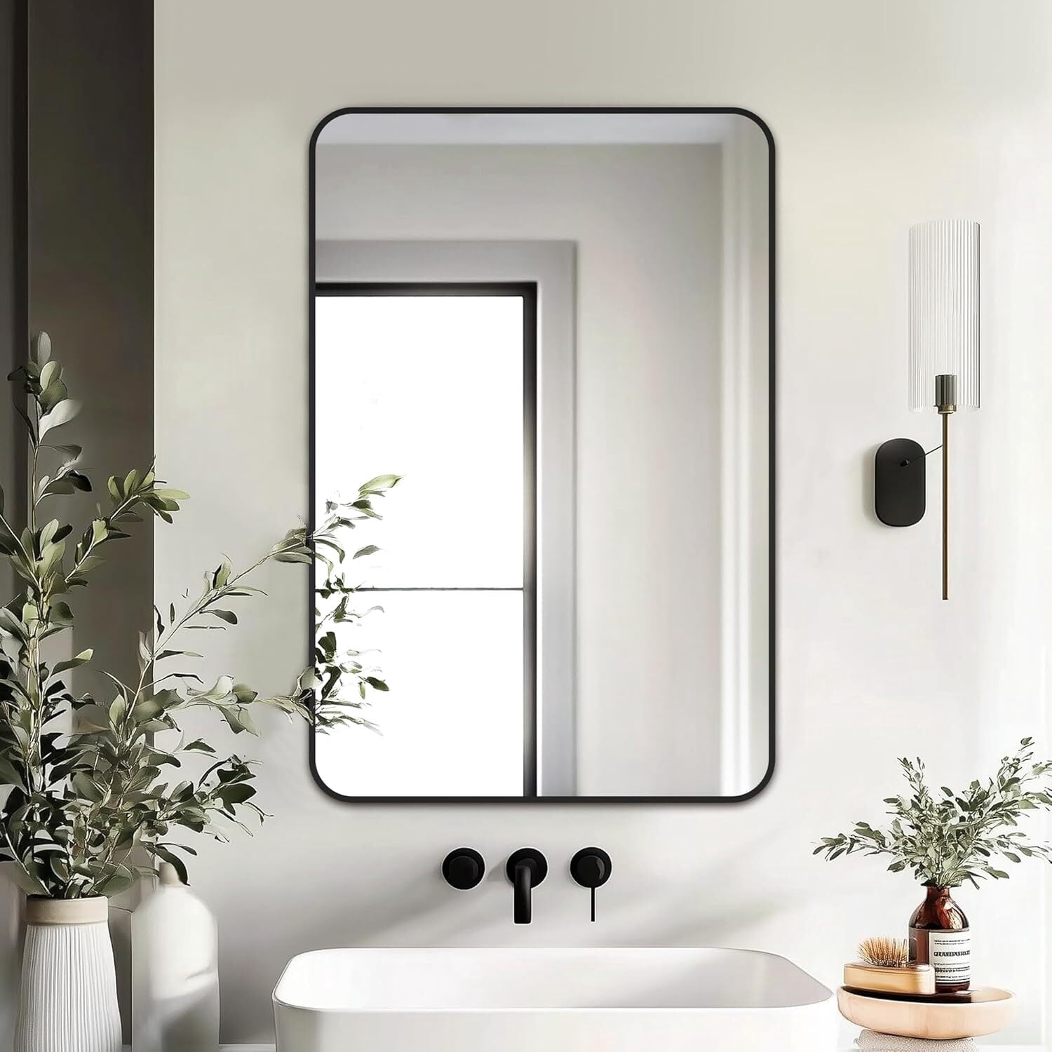 Anyrose 24.1"x36" Bathroom Mirror for Wall Rounded Corner Wall Mounted Hanging Mirror, Black