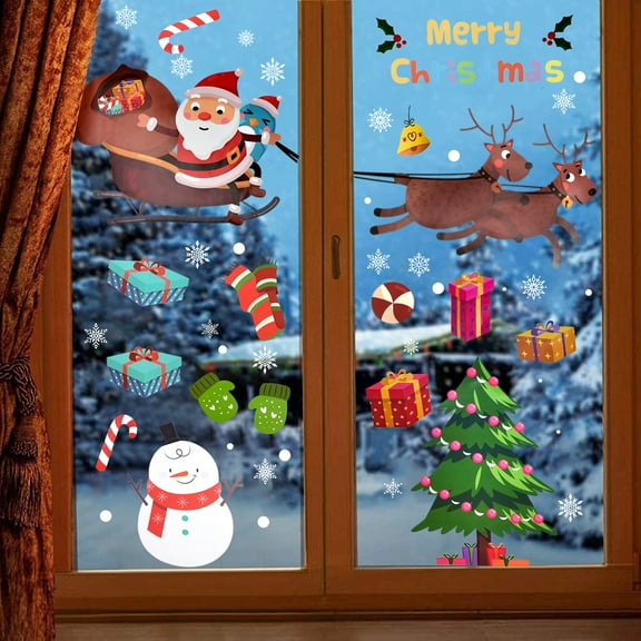 Coolmade 8 Sheets Christmas Snowflake Window Cling Stickers for Glass, Xmas Decals Decorations Holiday Snowflake Santa Claus Reindeer Decals for Party