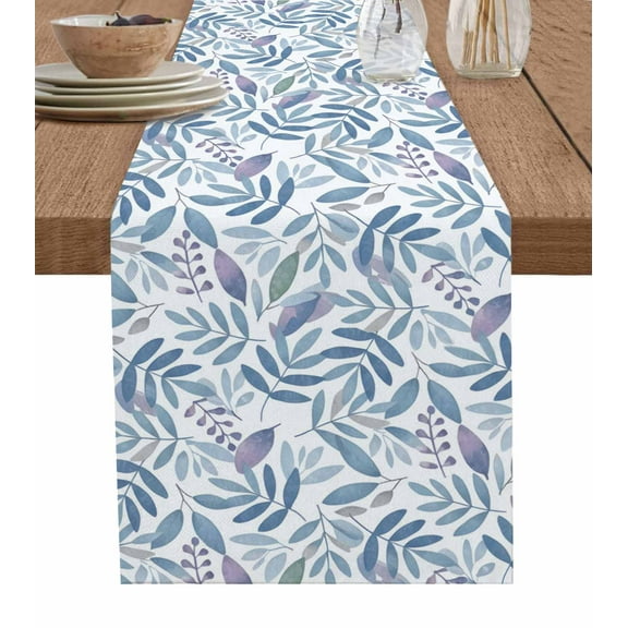ERUNPONLY Blue Leaf Table Runner - 70 Inch Long Watercolor Pastoral Purple Plant Fall Fruit Cotton and Linen Blended Dress Scarves Farmhouse Table Runner for Kitchen Dining, Coffee Table, 13"x70"