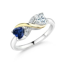 Gem Stone King 925 Sterling Silver and 10K Yellow Gold Heart Shape Blue Created Sapphire and Moissanite Ring for Women (1.04 Cttw, Available in Size 5, 6, 7, 8, 9)