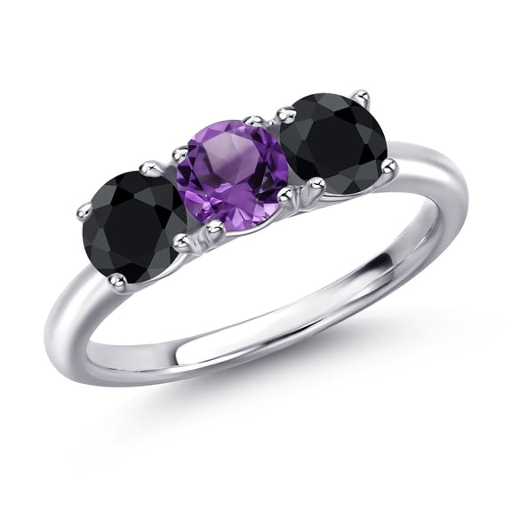 Gem Stone King 925 Sterling Silver Purple Amethyst and Black Sapphire Engagement Ring for Women | 1.86 Cttw | Round 5MM | Gemstone February Birthstone | Size 5