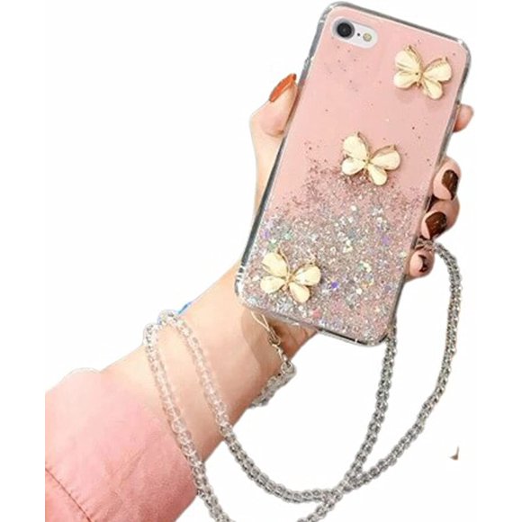 For Apple iPhone 7 Pink Smart Shockproof Glitter Crystal butterfly Wrist Strap Cover Case