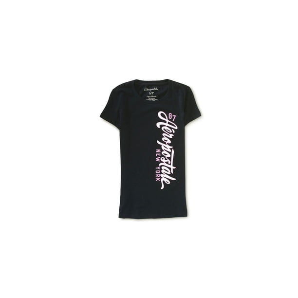 Aeropostale - Camiseta adornada con texto vertical para mujer, negro, extragrande Aeropostale Camiseta adornada