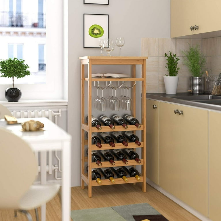Homfa 4 Tier Bamboo Wine Rack Free Standing Wine Storage Rack with Glass Holders for Home Kitchen 16 Bottles Capacity Natural Finish