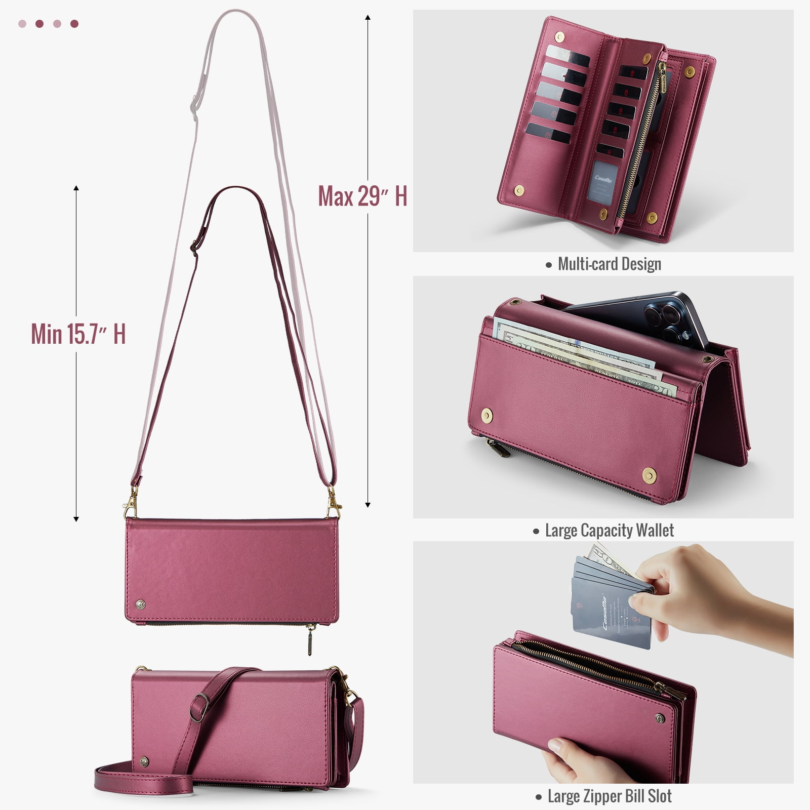 ELEHOLD Phone Bag Wallets for Women Girls,Luxury PU Leather Wallet Bag Crossbody Handbag with Phone Pocket Zipper Pocket Large Capacity Credit Card Holders Wriststrap Shoulder Strap,Winered
