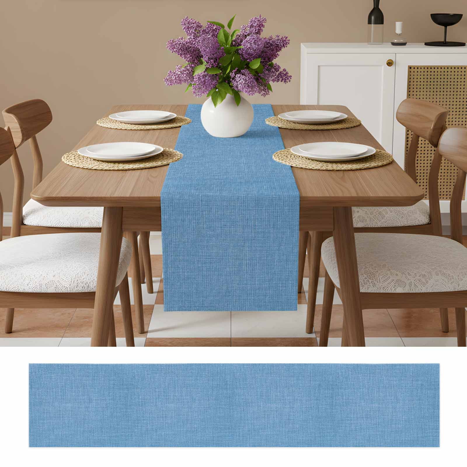 Blue Burlap Texture Table Runner, Farmhouse Vintage Blue Washable Cotton Linen Table Runners 48 Inches Long, Dresser Scarf Runner for Nightstand/Coffee/End Tables 13''x48''