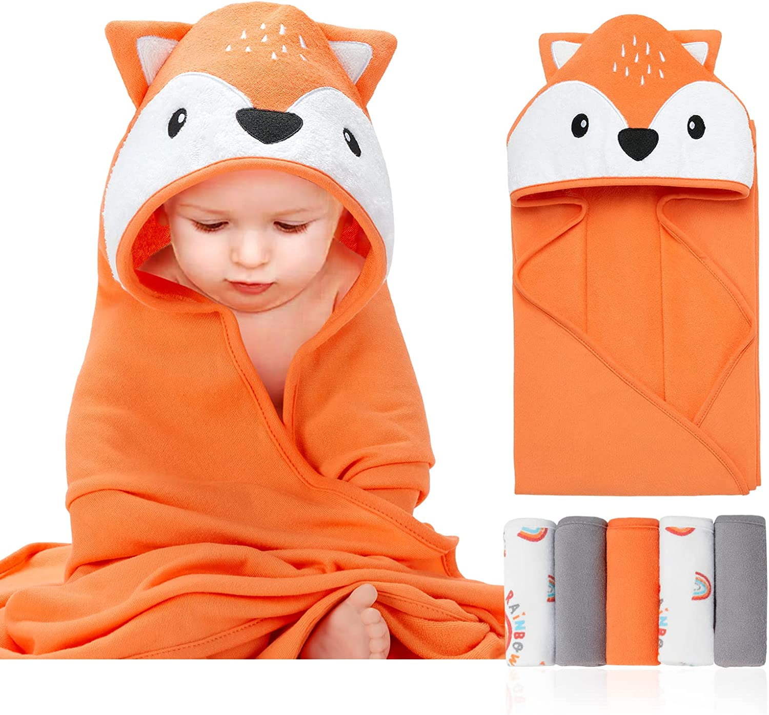 Synpos Hooded Baby Towel with 5 Washcloths,Soft Baby Hooded Towel ,30