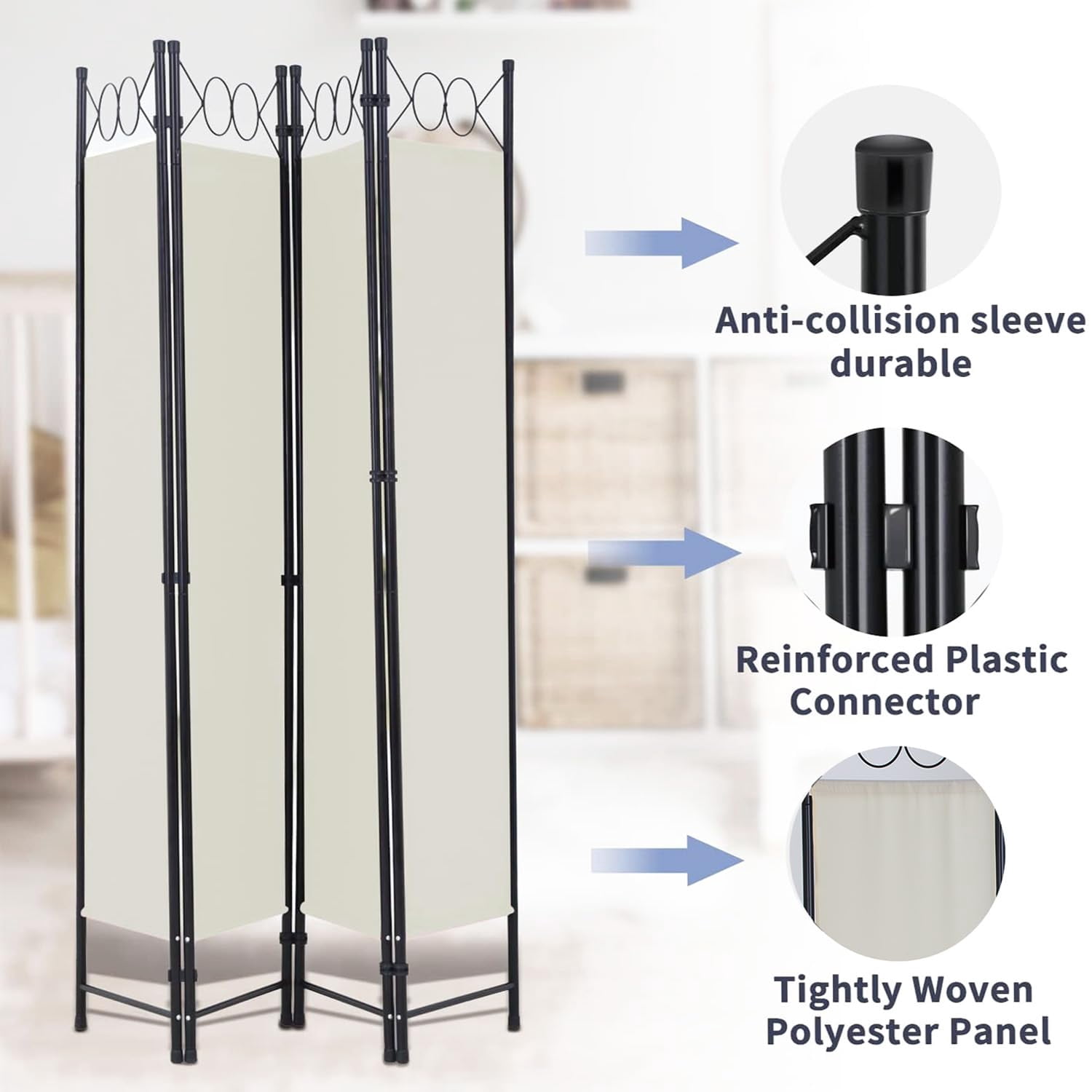 BIQWBIC 4-Panel Room Dividers and Folding Privacy Screens, 6.8 Ft Fabric Partition Screen, Beige