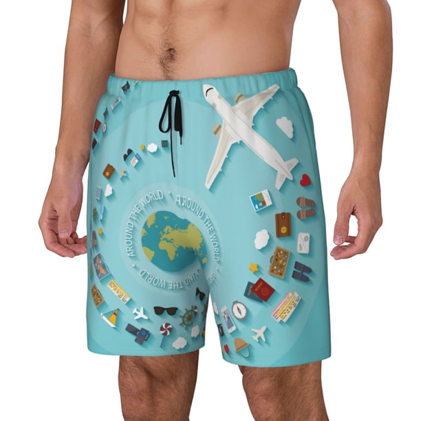 Fotbe Travelling on Airplane Traje de Baño para Hombre – Shorts de Natación de Secado Rápido con Forro y Bolsillos-Large