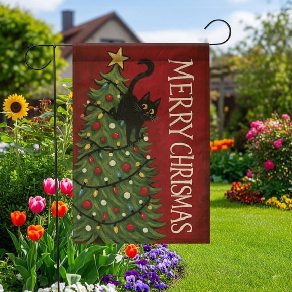 TiniDecor Merry Christmas Cat Garden Flag – 12”x18” Black Cat in Tree Design, Funny Holiday Outdoor Décor