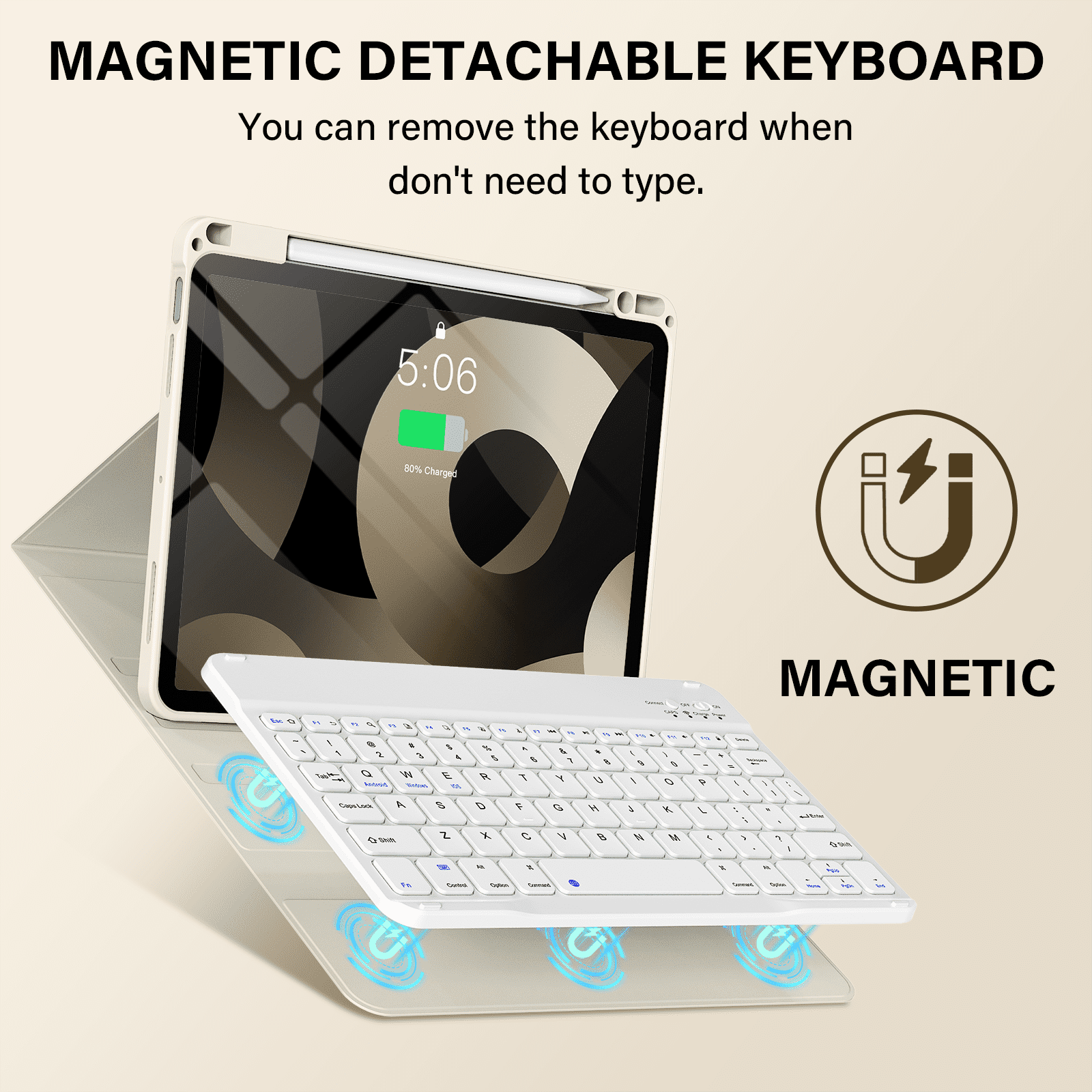 Kenke Keyboard Case iPad Air 11 Inch M4/M3/M2 (2026/2025/2024), iPad Air 5/4th Gen (2022/2020) 10.9 Inch, Detachable Bluetooth Keyboard Rechargeable with Right Side Pencil Holder & Groove,Cream White