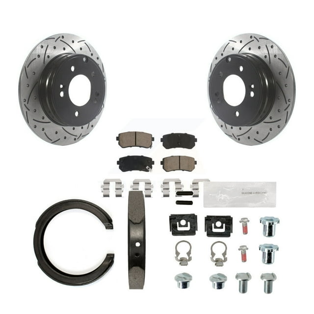 Transit Auto Rear Disc Drilled & Slotted Rotors Ceramic Pads Parking Brake Shoes and Hardware Kit for Car Kia Optima with Manual KDC-101650