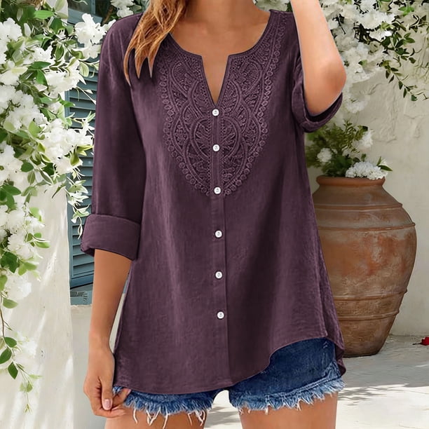 Craaazy Women's Casual V Neck Blouse, Solid Color 3/4 Sleeve Lace Detail Top, Loose Fit Comfy Button Down Shirt for Daily Wear Gifts