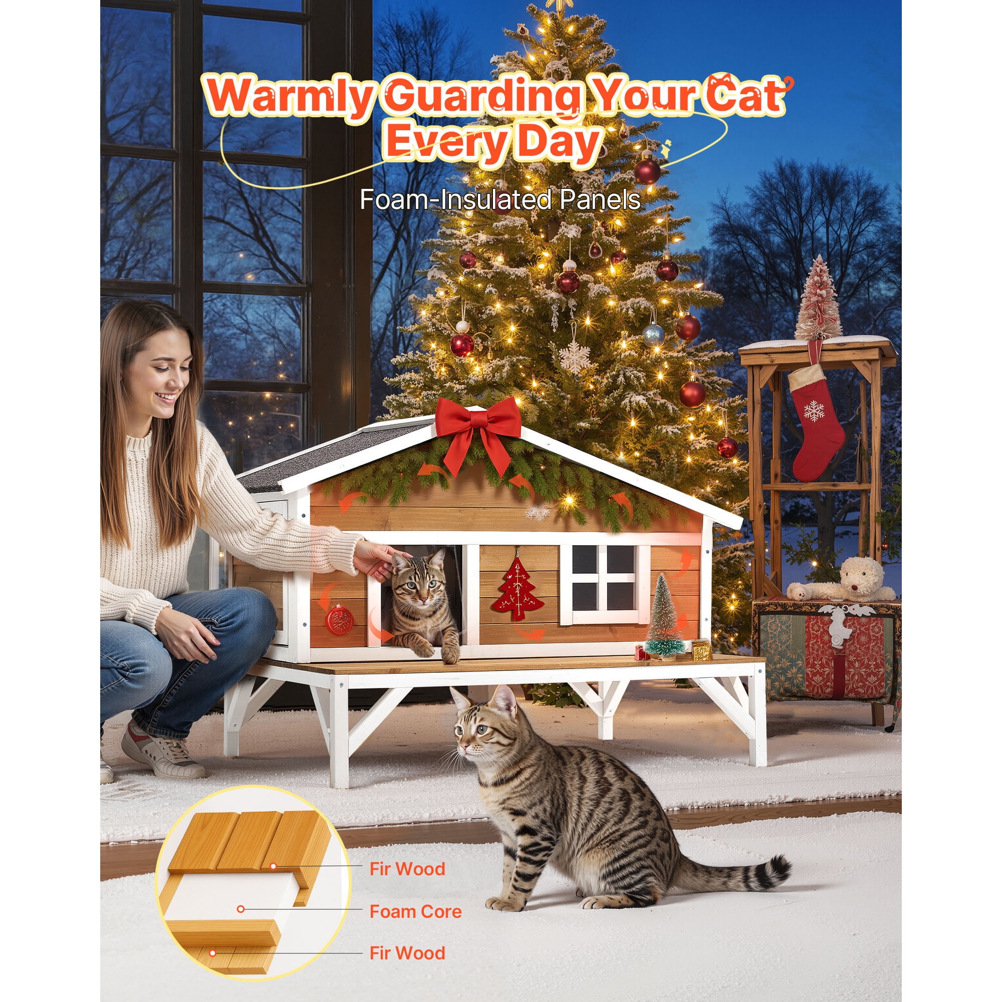 KFFKFF Insulated Wooden Cat House for Outdoor & Indoor Cats – 31‑Inch Weather‑Resistant Shelter,&nbsp; Spacious Platform,Brown