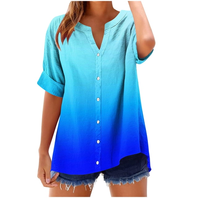 Cinvoph Womens Summer Tops 3/4 Sleeve V Neck Gradient Color T Shirts Casual Loose Lounge Workout Basic Tees Clothes