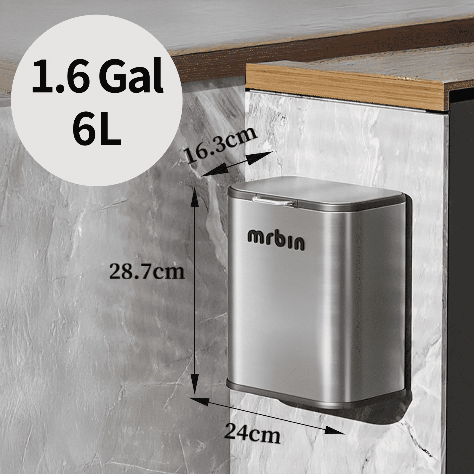 Kitchen Stainless Steel Compost Bin with Lid Countertop, 6l / 1.6gal Small Indoor Hanging Trash Can for Cabinet Door, Small Under Sink Food Scraps Garbage Pail, Eclipse-Grey