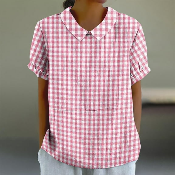 ALLLIST Plaid Women Tops Collared Pink Short Sleeve Printed Loose Cotton and Linen Blouses Blouses