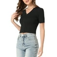 thumbnail image 4 of INSPIRE CHIC Women's Ribbed Knit V Neck Short Sleeve Zip Front Crop Tops, 4 of 5