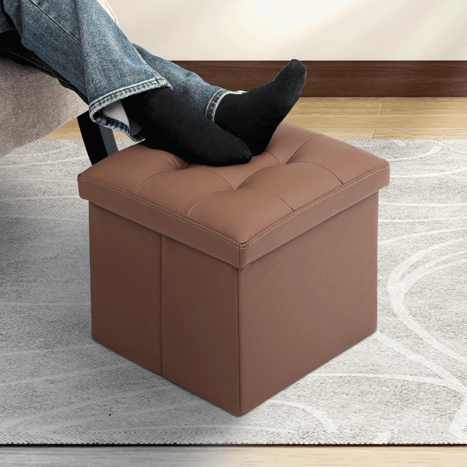 MoNiBloom 15" Cube Collapsible Ottoman with Storage, PU Leather Storage Ottoman Footrest, for Living Room Bedroom Entryway, Brown