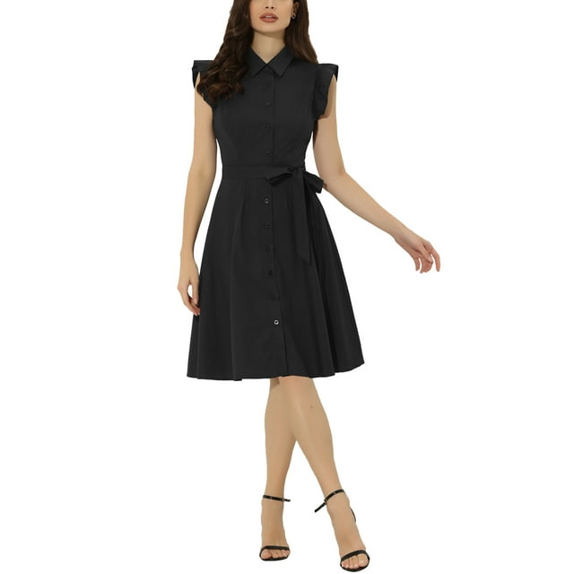 INSPIRE CHIC Robe-Chemise pour Femme Manches Cap Pointes Col à Pointes Taille à Nouer Boutons Mi-Longue G Noir