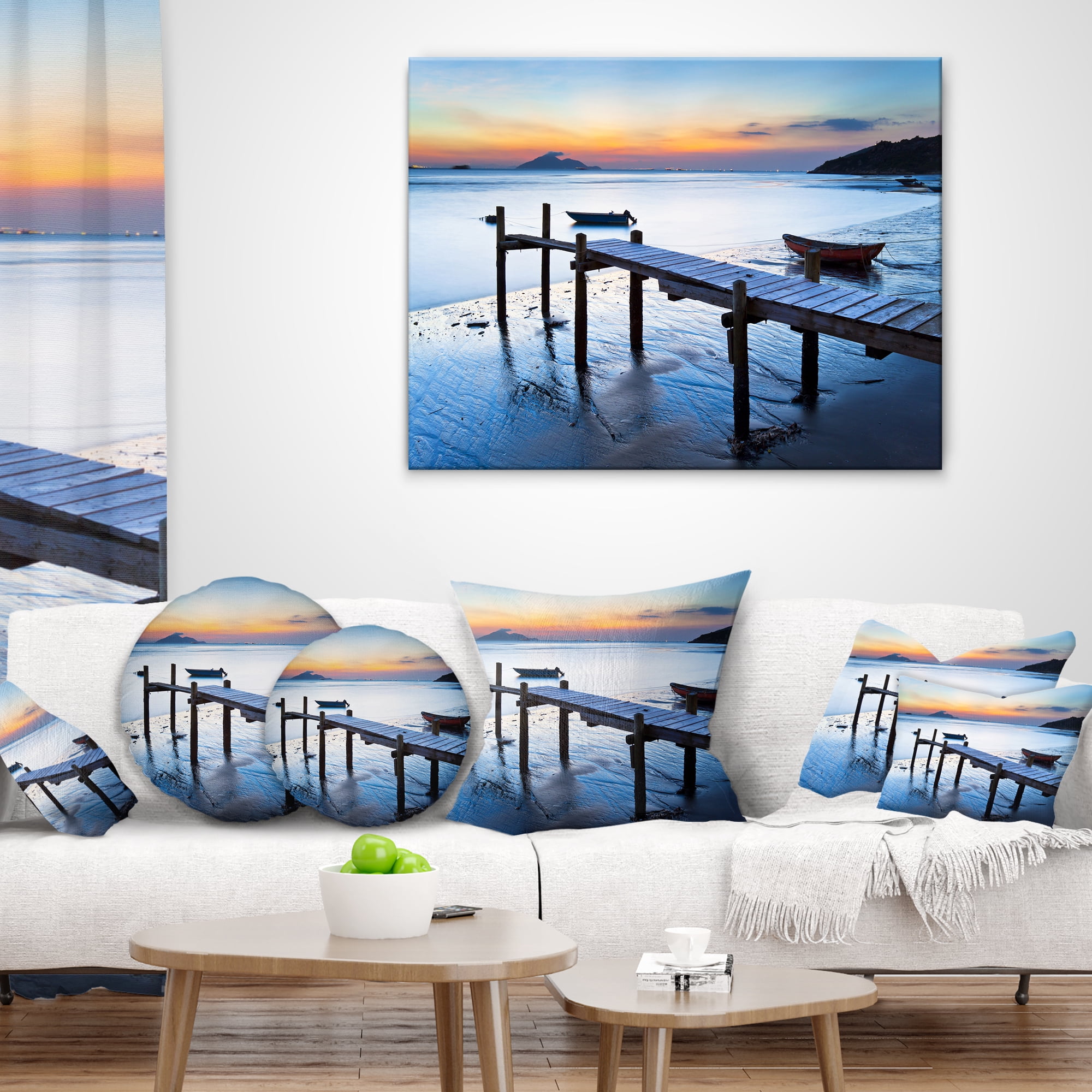 Designart Old Wooden Pier in Bright Sea - Seascape Throw Pillow - 18x18