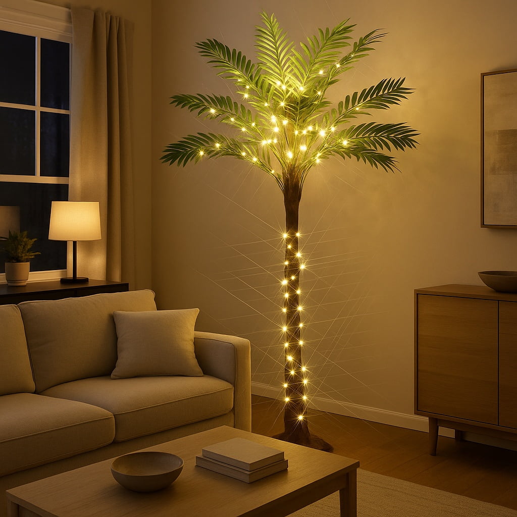 Lighted Artificial Palm Tree 6FT Fairy Lights, Faux Plant Tree with Lights, Artificial Silk Palm Tree Plant, Fake Tropical Plant, Home Office Floor Room Decor Plants Indoor Outdoor, Housewarming Gift
