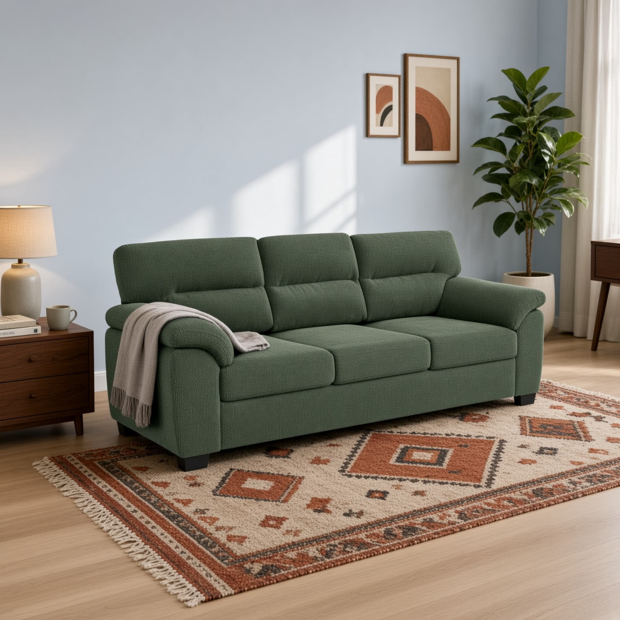 3-Seater Sofa with Plush Track Arms and Loose Back Cushions Textured Upholstered Couch for Modern Living Room Dark Green