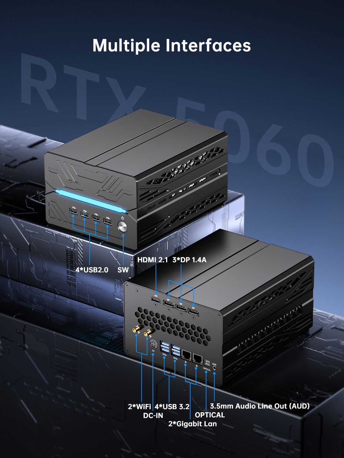 Thdeukoty Mini Gaming Pc Core i9-14900F(24C, 32T) 64GB RAM 4TB SSD, Desktop Computer with RTX 5060Ti 16G, WiFi 7, BT5.4, RJ45 Port, Quad Display for Gaming/Design/Office