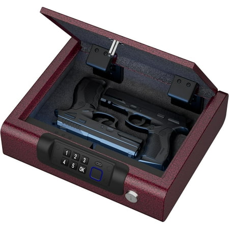 Gun Safe Biometric Gun Safe for Pistols 3-Ways unlock Fingerprint Digital PIN Key Unlock with Voice Lock box for Cloakroom living room Bedroom Nightstand and Car Burgundy Red