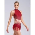 thumbnail image 3 of inlzdz Femmes Strass Franges Col Montant Sans Manches Justaucorps à Franges Robe Latin Tango Salsa Jazz Bourgogne TG, 3 of 7