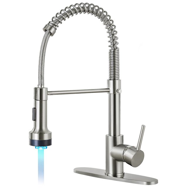 Grifos De Cocina Djs Con Rociador Abatible Níquel Cepillado -?Luz Led? Grifo De Fregadero De Cocina Con Resorte De 1 O 3 Orificios De Una Sola Manija Con Placa De Cubierta Para Lavabo De Recipiente De