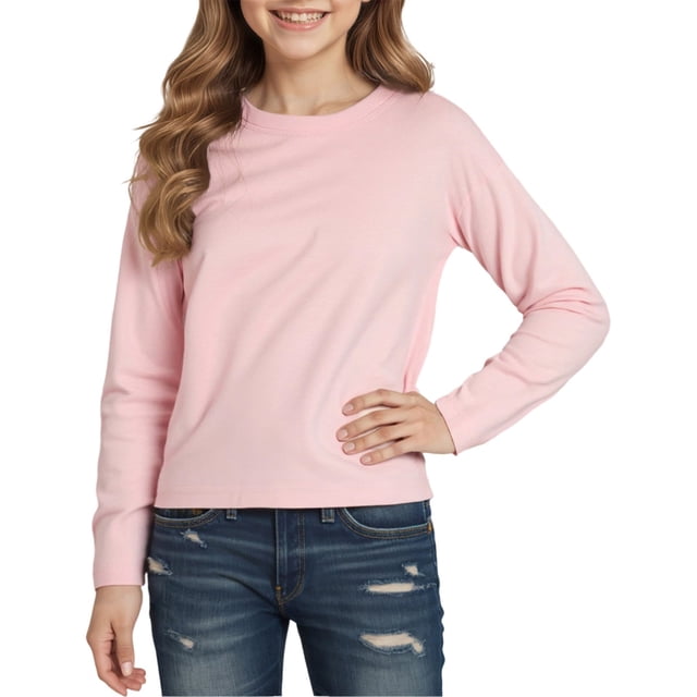 SUXIAN T-Shirts Unis Enfants T-Shirts à Manches Longues Enfants Col Rond Automne Hiver Hauts T-Shirts Basiques Coton Col Rond T-Shirts Graphiques Jeunesse Rose 5-6 Ans