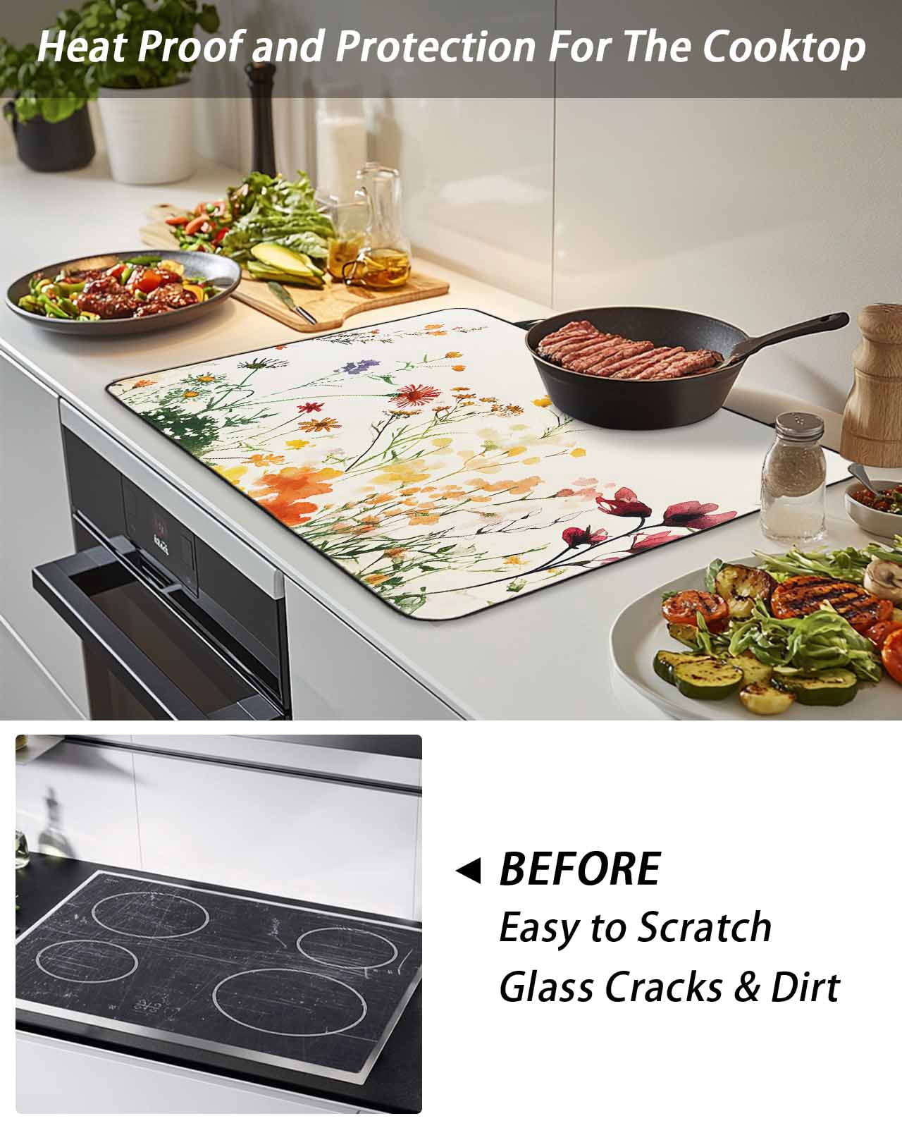 Stove Top Covers for Electric Stove, Beige Floral Spring Glass Stovetop Cover Protector, Vintage Farmhouse Flowers Induction Cooktop Protector Oven Mat for Kitchen Countertop 24"x21"