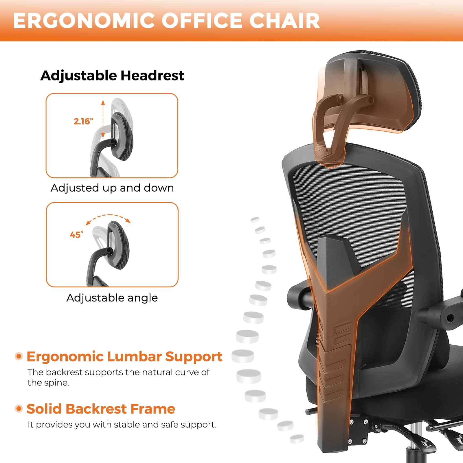 MCQ Ergonomic Mesh Office Chair, High Back Home Swivel Chairs with Adjustable Lumbar Support, Headrest, Footrest, and Armrests, Black