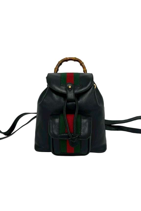Pre-Owned GUCCI Vintage Bamboo Sherry Line Leather Mini Backpack (Black) 60135