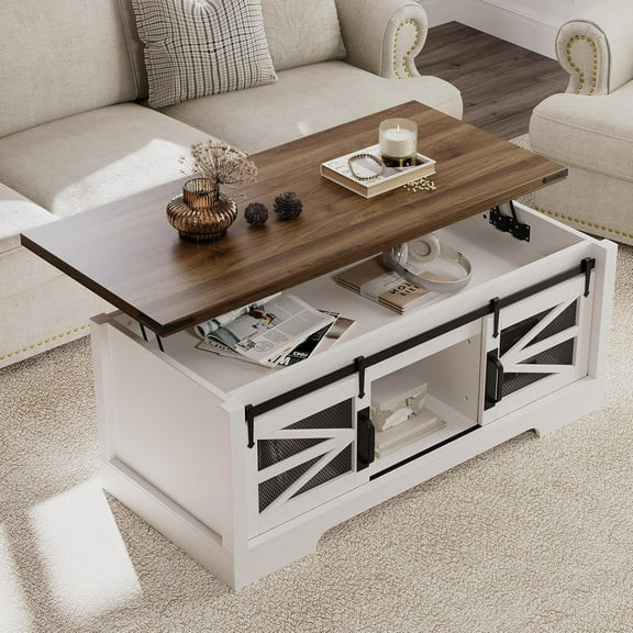Roromall Lift Top Coffee Table with Sliding Barn Door, Hidden Storage Compartment, Lifting Tabletop, Adjustable Shelf, Farmhouse Center Table for Dining Room, Living Room